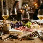 Table élégante avec vins, fromages, charcuteries et fruits frais