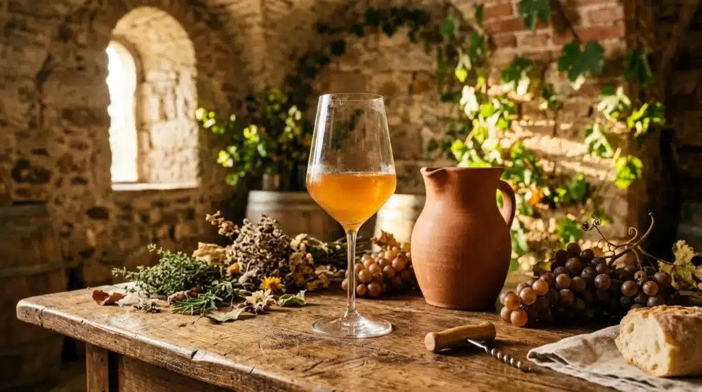 Verre de vin ambré, cruche terre cuite et raisins en cave médiévale
