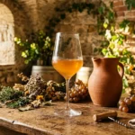 Verre de vin ambré, cruche terre cuite et raisins en cave médiévale