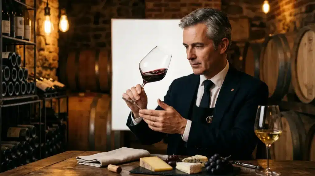 Sommelier examine un verre de vin rouge en cave