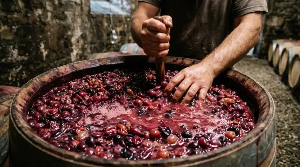 Homme remuant les raisins en fermentation dans un tonneau