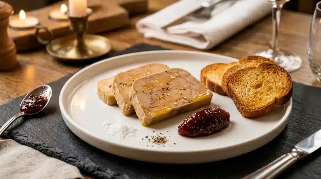 Assiette élégante avec foie gras, toast et confiture