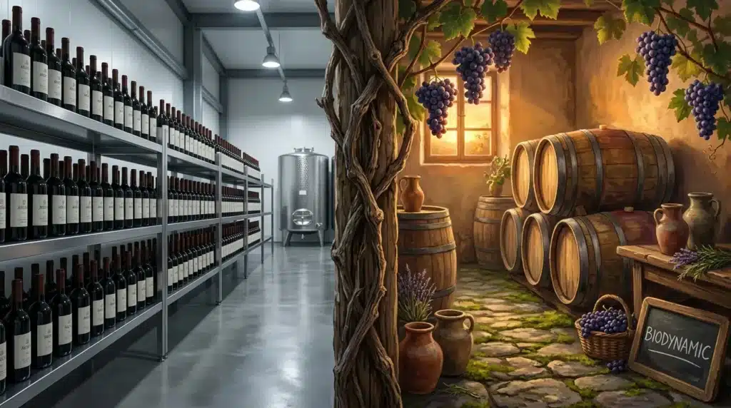 Cave de vin moderne avec tonneaux traditionnels et raisins