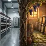 Cave de vin moderne avec tonneaux traditionnels et raisins