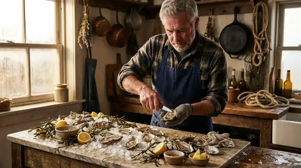 Homme âgé ouvrant huîtres fraîches avec couteau spécialisé