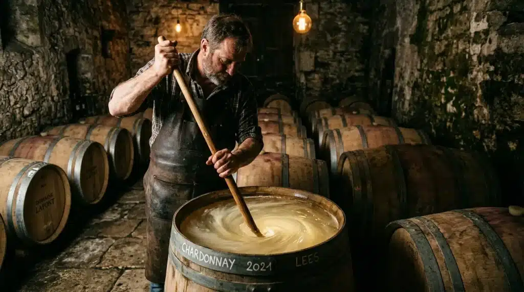 Vigneron brasse le vin en cave avec tonneau Chardonnay 2024