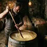 Vigneron brasse le vin en cave avec tonneau Chardonnay 2024