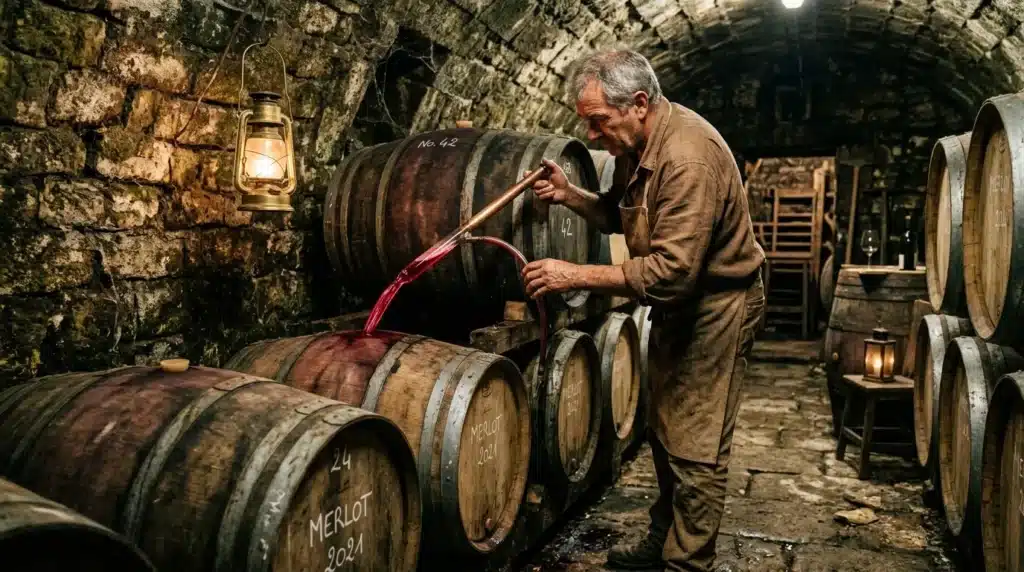 Vigneron prélève vin rouge d'un fût en cave souterraine