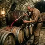 Vigneron prélève vin rouge d'un fût en cave souterraine