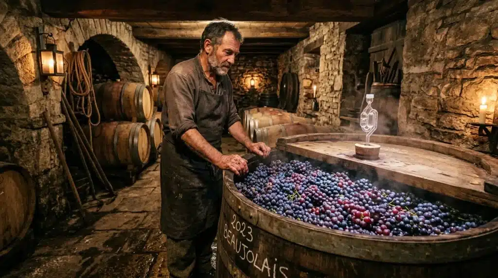 Vigneron inspectant des raisins dans cave voûtée en pierre