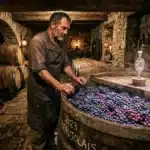 Vigneron inspectant des raisins dans cave voûtée en pierre
