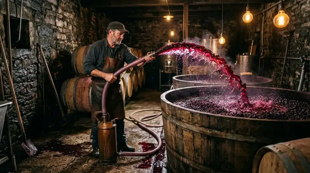 Vigneron versant du raisin rouge dans une cuve de fermentation