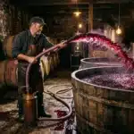 Vigneron versant du raisin rouge dans une cuve de fermentation