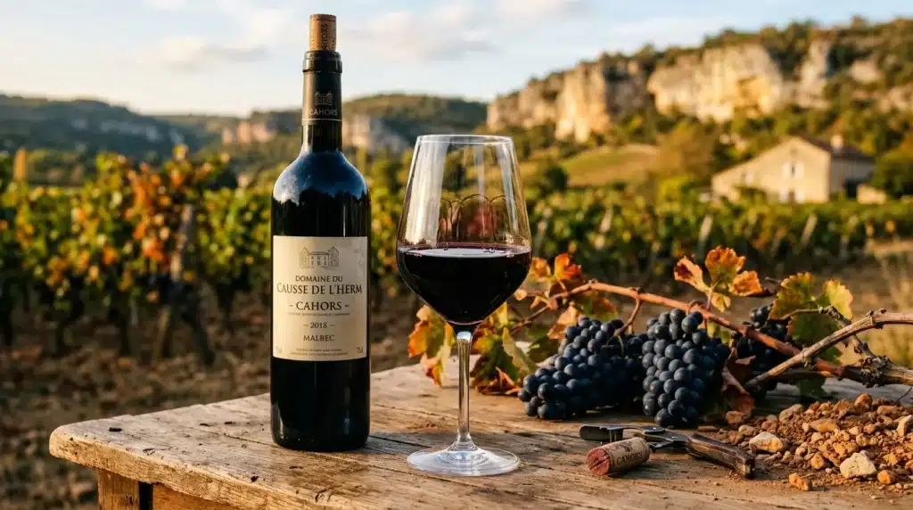 Bouteille de vin Malbec avec verre dans vignobles français