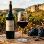 Bouteille de vin Malbec avec verre dans vignobles français