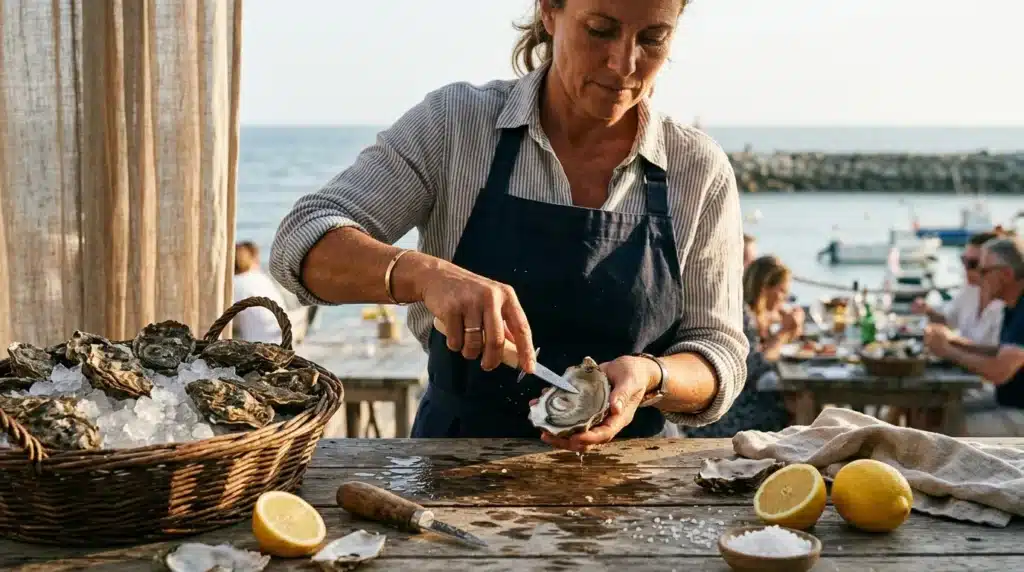 Femme ouvre huître avec couteau près de la mer