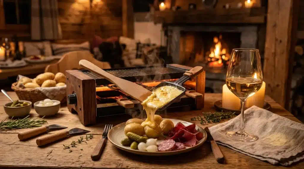 Table de raclette avec fromage fondu, charcuterie et vin blanc