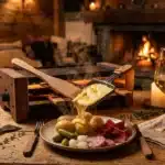 Table de raclette avec fromage fondu, charcuterie et vin blanc