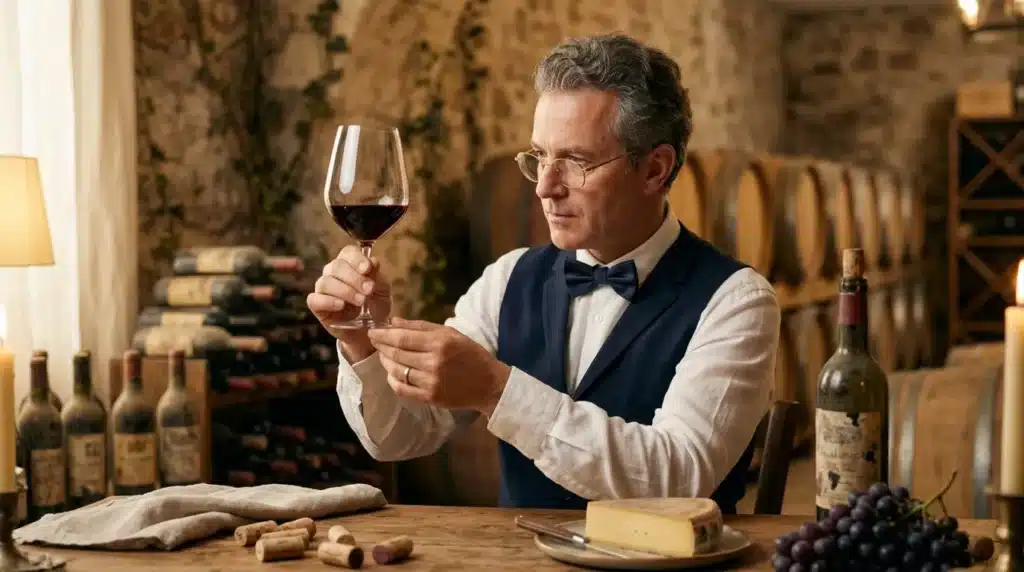 Homme en tenue formelle déguste un verre de vin rouge en cave