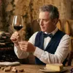 Homme en tenue formelle déguste un verre de vin rouge en cave