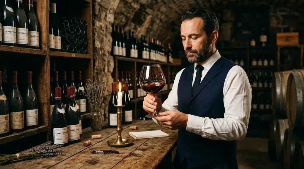 Homme en costume déguste un verre de vin rouge en cave.