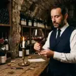 Homme en costume déguste un verre de vin rouge en cave.