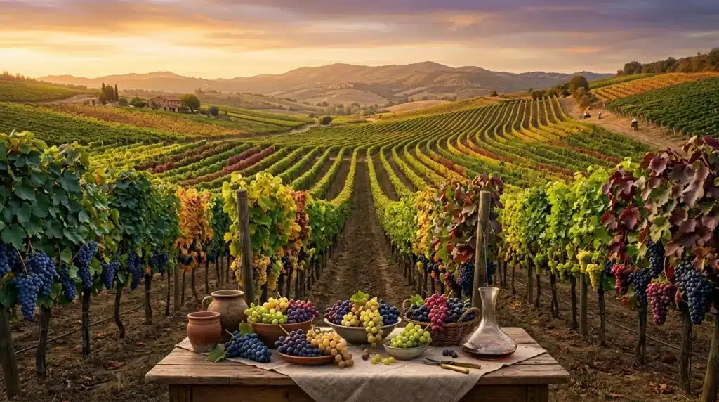Vignobles toscans avec récolte de raisins et paysage vallonné