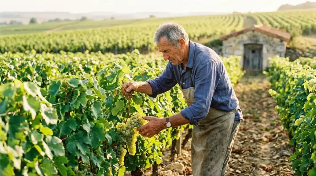 Vigneron récolte raisins blancs dans vignoble