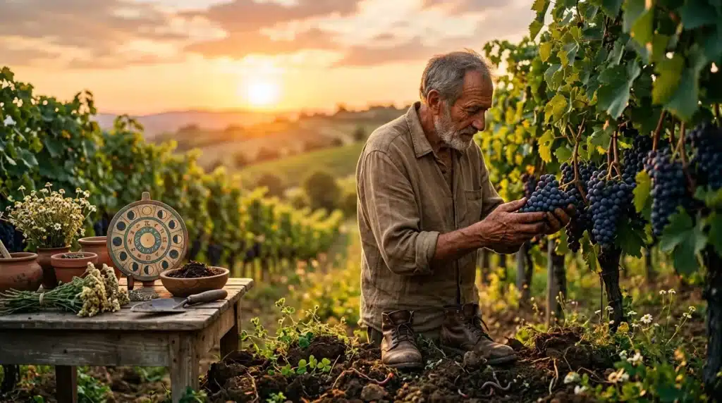 Homme récolte raisins noirs vignoble coucher soleil