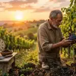Homme récolte raisins noirs vignoble coucher soleil