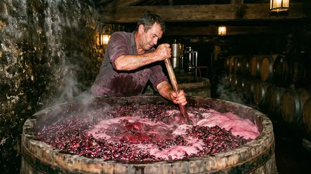Homme écrase raisins rouges dans grand tonneau bois