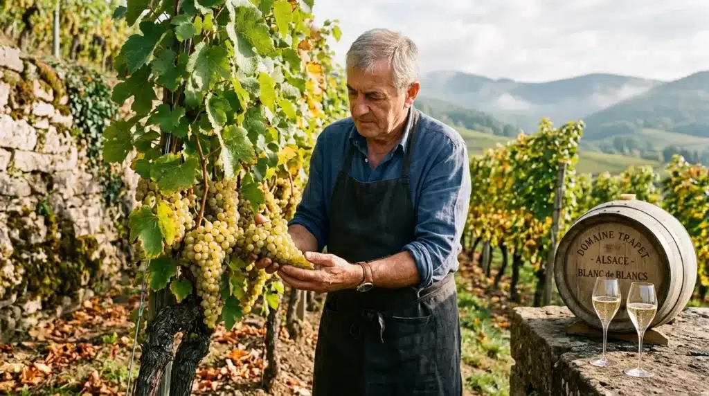 Vigneron inspectant grappes raisin blanc Alsace