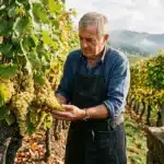 Vigneron inspectant grappes raisin blanc Alsace