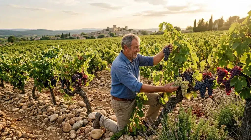 Homme dans vignoble cueillant raisins mûrs, village provençal en arrière-plan