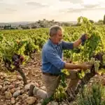 Homme dans vignoble cueillant raisins mûrs, village provençal en arrière-plan