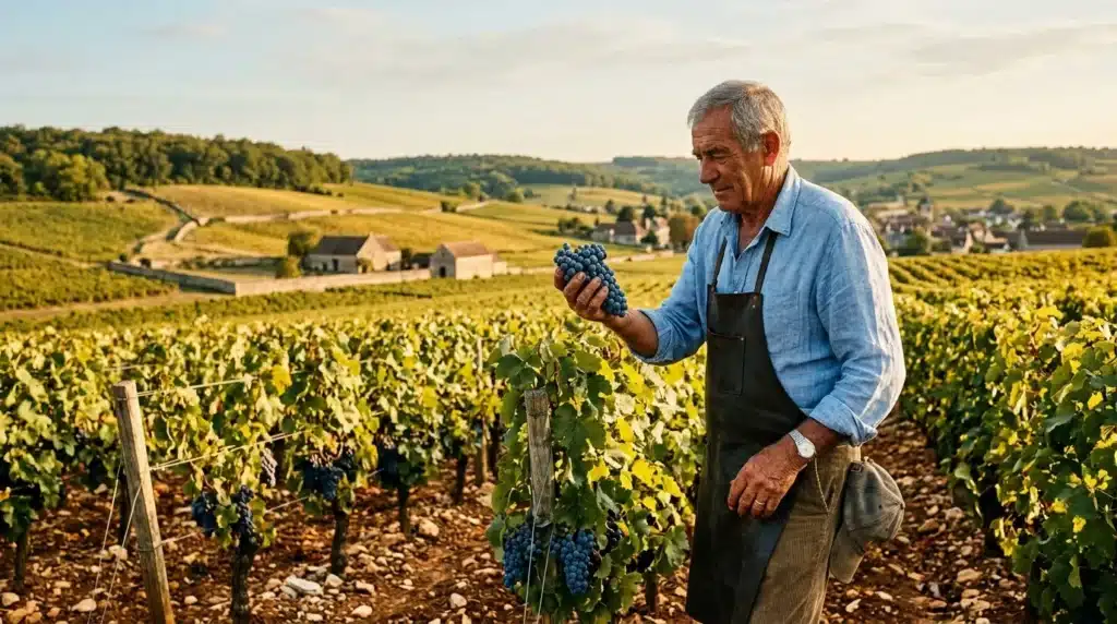 Homme âgé tenant grappe raisins bleus vignoble