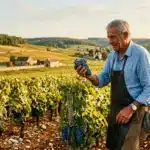 Homme âgé tenant grappe raisins bleus vignoble