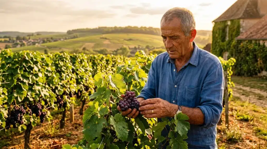 Homme récolte raisins murs vignoble français vallonné
