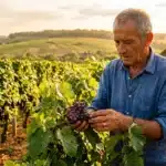 Homme récolte raisins murs vignoble français vallonné
