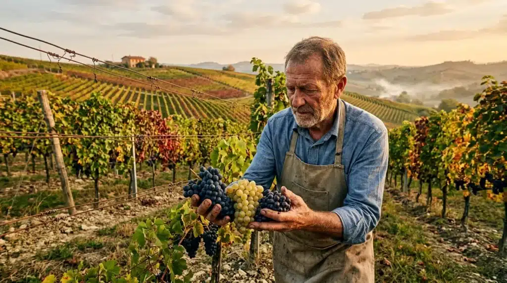 Agriculteur tenant des grappes de raisin en vendanges