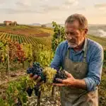 Agriculteur tenant des grappes de raisin en vendanges