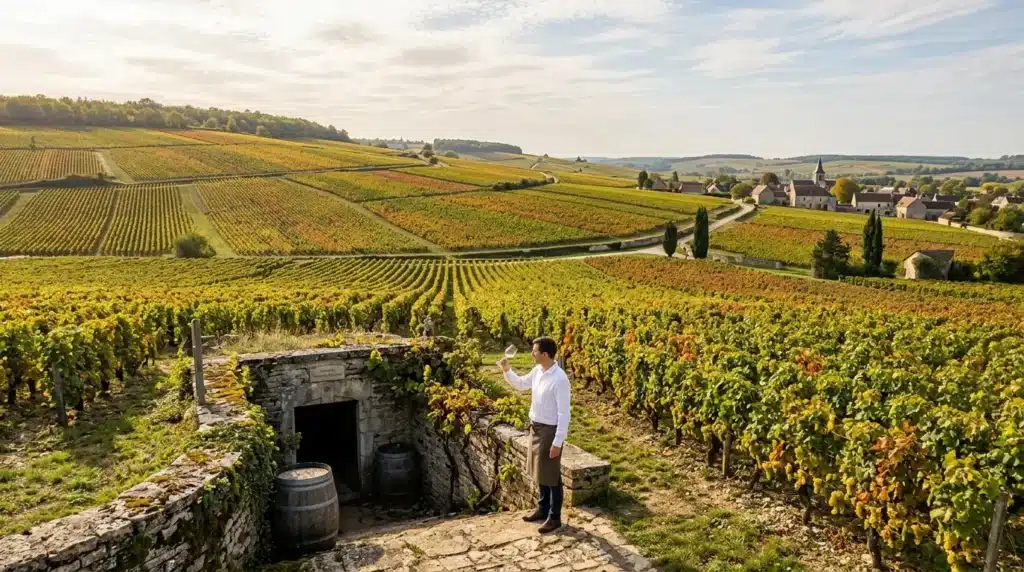 Homme devant cave souterraine dans vignobles vallonnés