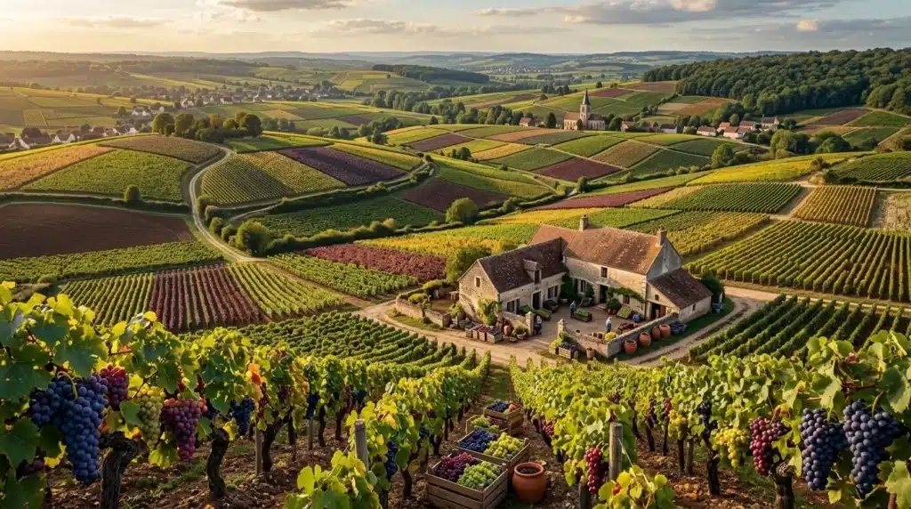 Maison viticole entourée de vignes colorées et paysage agricole