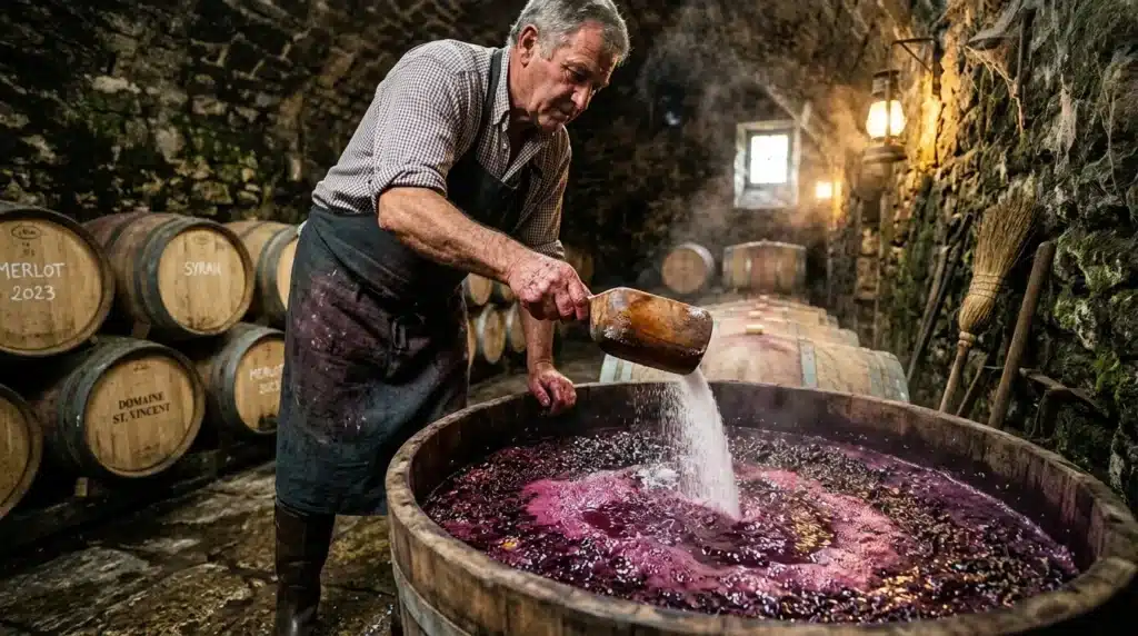 Vigneron versant du raisin dans une cuve de fermentation