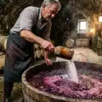 Vigneron versant du raisin dans une cuve de fermentation